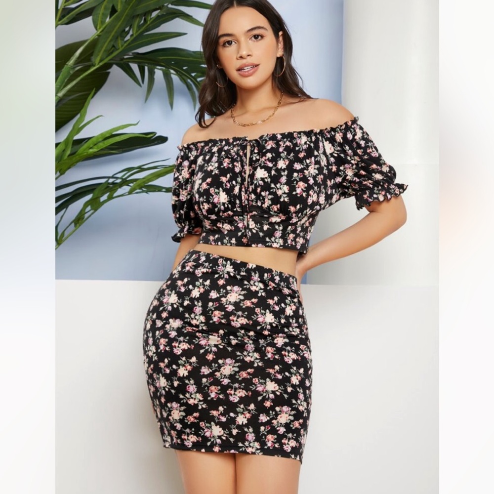 Frilled Off Shoulder Floral Top And Skirt Set
